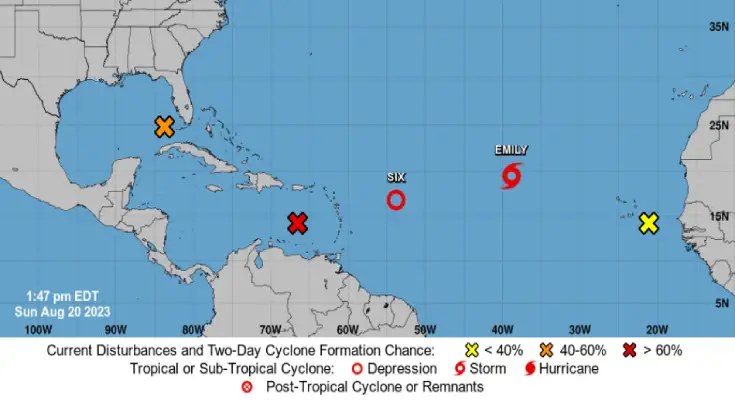 Se forma la tormenta Emily en el Atlántico, que acompaña a una depresión tropical
