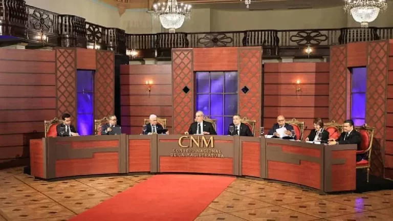Omar Fernández, Napoleón Estévez, Ricardo de los Santos, el presidente Luis Abinader, Luis Henry Molina, Alfredo Pacheco, Nancy Salcedo y Tobías Crespo, miembros del CNM. (DIARIO LIBRE/ARCHIVO)