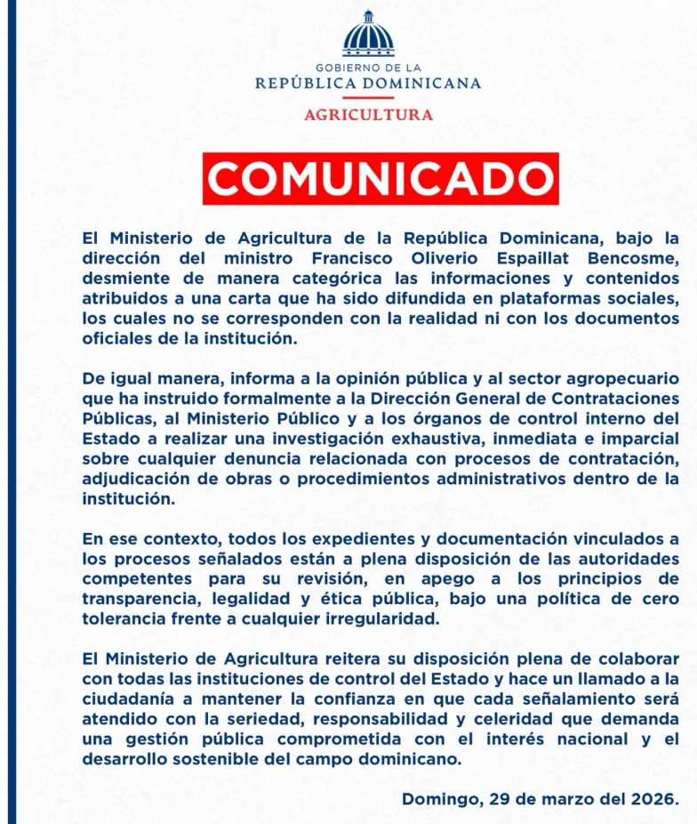 Ministerio de Agricultura desmiente carta difundida en redes y ordena investigación oficial 2 Agricultura desmiente carta falsa