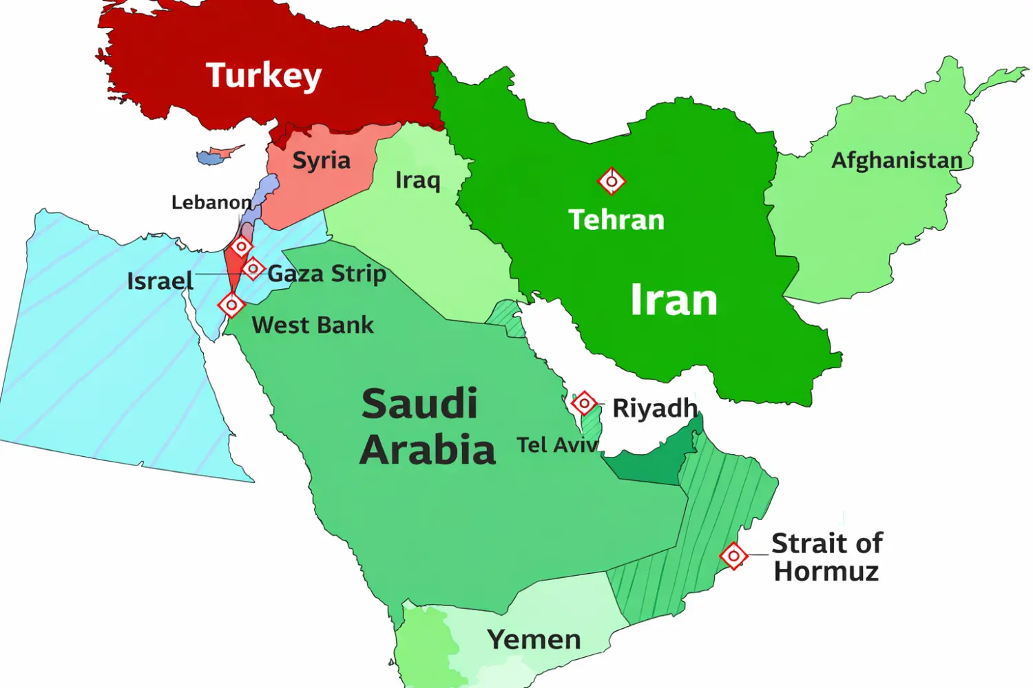 Mapa de Irán y Medio Oriente con los países más afectados por la guerra y el impacto económico global del petróleo.