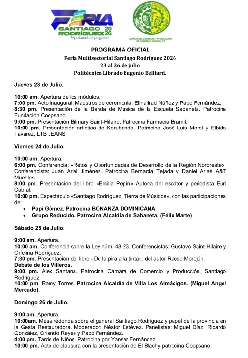 Feria Multisectorial Santiago Rodríguez 2026 será celebrada del 23 al 26 de julio 2 Feria Multisectorial programa