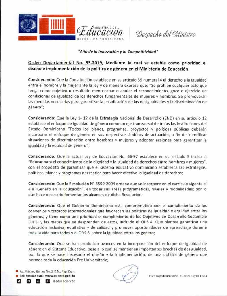 Ordenanza del Ministerio de Educación desata avispero 2 Ordenanza Minerd 33 2019 avispero FE
